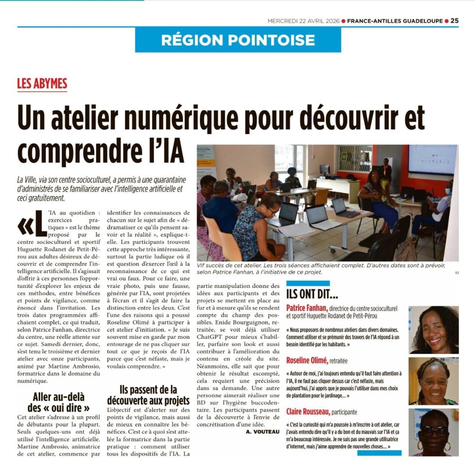 Article France-Antilles — Atelier numérique pour découvrir et comprendre l'IA, avril 2026