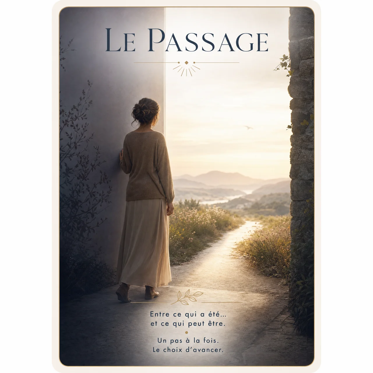 Carte visuelle « Le Passage » générée avec GPT Image 2 à partir d'une demande simple, représentant une femme face à un chemin