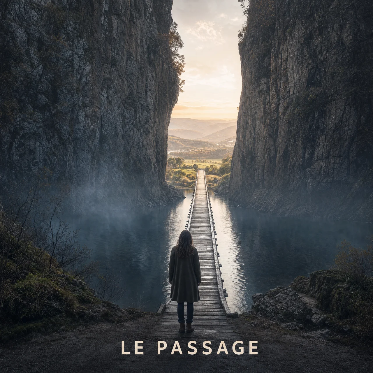 Carte visuelle « Le Passage » générée avec GPT Image 2 à partir d'un prompt dirigé, représentant une personne sur une passerelle entre deux falaises