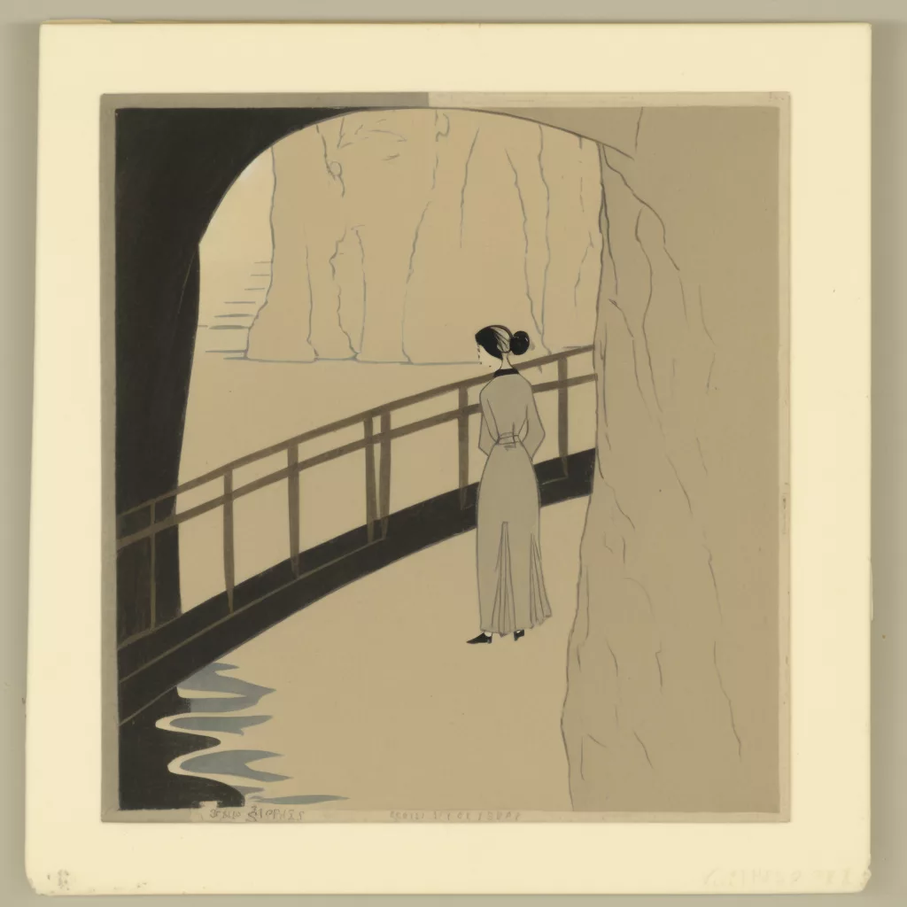 Illustration graphique d'une femme sur une passerelle face à une falaise, carte « Le Passage » générée avec Midjourney V4