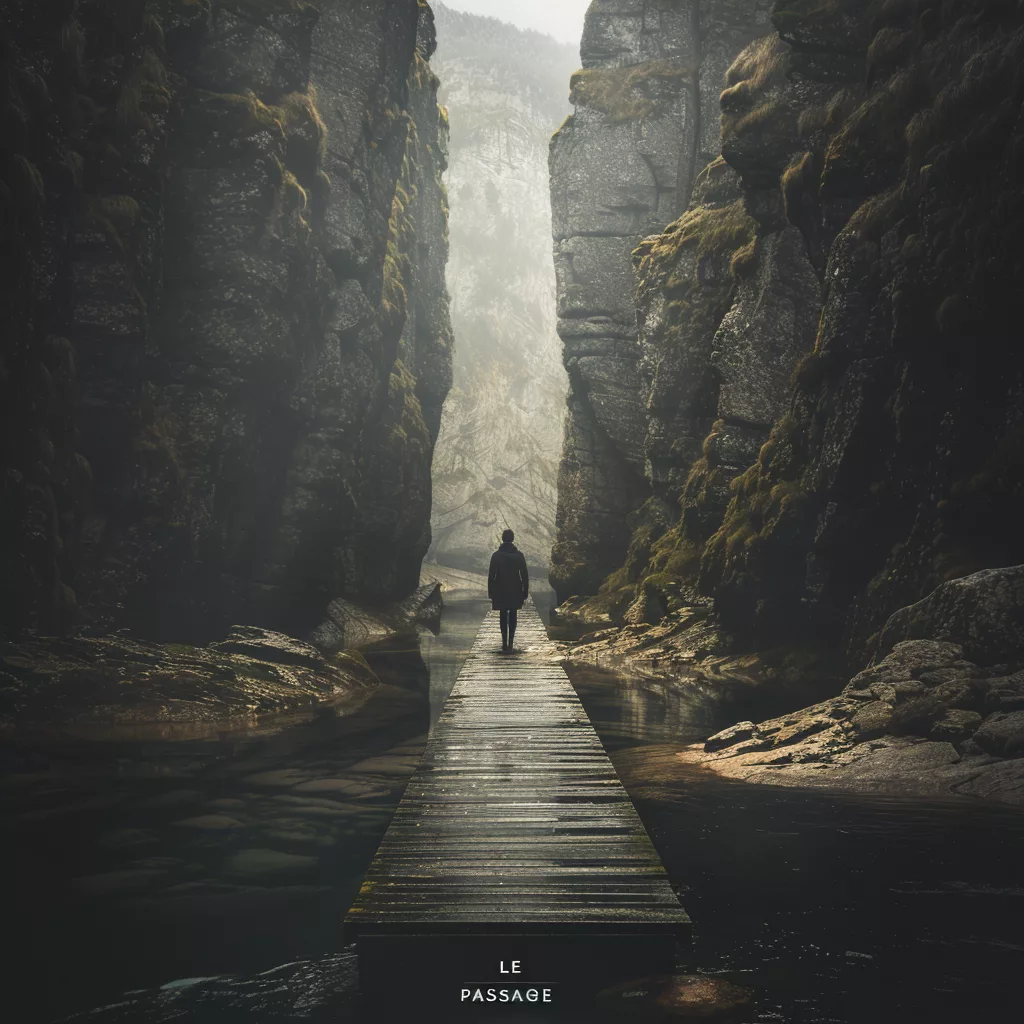 Photographie réaliste d'une personne sur une passerelle en bois entre deux falaises, carte « Le Passage » générée avec Midjourney V6