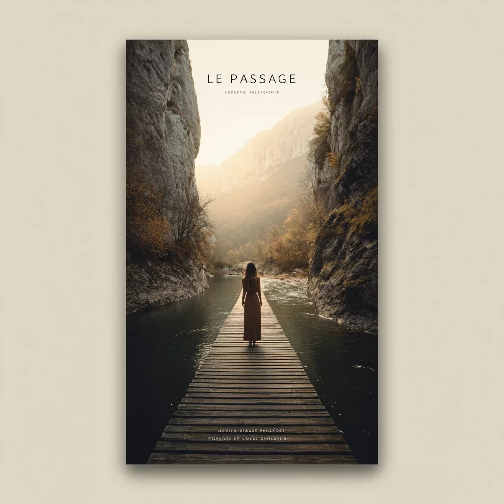 Photographie réaliste d'une femme sur une passerelle en bois entre deux falaises automnales, carte « Le Passage » générée avec Midjourney V7